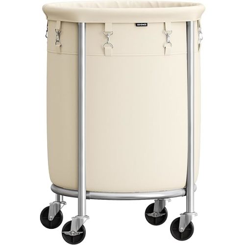 SONGMICS Laundry Basket with Wheels, Rolling Laundry Hamper, 29 Gal., Round Laundry Cart with Steel Frame and Removable Bag, 4 Casters and 2 Brakes, Cream and Silver URLS002W01