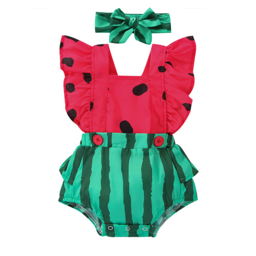 Douhoow 0-24M Baby Girls Watermelon Print Romper Square Neck Fly Sleeve Jumpsuit Headband