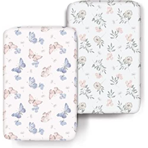 COSMOPLUS Stretch Pack n Play Sheets 2 Pack, Mini Crib Sheets Sets Fitted Pack and Play Sheets Playard Sheets Ultra Stretchy Soft,Butterfly/Dandelion