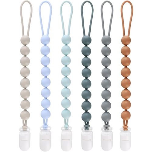 6-Pack Silicone Pacifier Clips for Baby Boys and Girls - One-Piece Beads, Rust-Free Holders, Teething Relief, Baby Necessities, Newborn Safe Baby Essentials