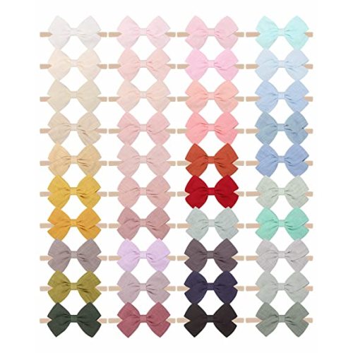 jollybows 40pcs Baby Girls Nylon Hair Bows Headbands Linen Hair Bands Elastic Hair Accessories for Kids Infants Newborn (4-40 PCS Solid Linen)