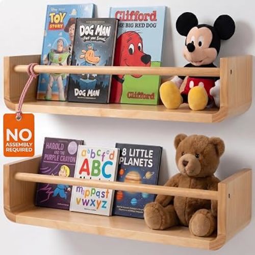 Ovalo Nursery Book Shelves Set of 2 - Solid Pine Wood Nursery Bookshelf, Floating Nursery Shelves for Wall, Wall Bookshelf for Kids Room, No-Assembly Wall Mounted Baby Book Shelf. (Natural Wood)