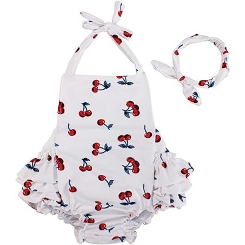 Baby Girl Cherry Pattern Bathing Suits Outfits Rompers with Headband 0-4 Years