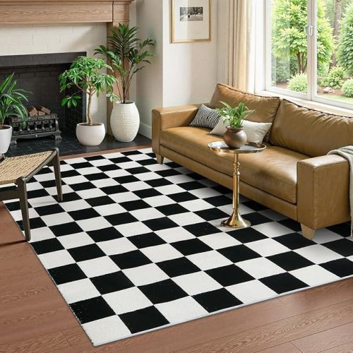 Lahome 5x7 Black and White Checkered Rug, Washable Checkerboard Rugs Cotton Woven for Living Room Bedroom, Checker Carpet for Kids Room Nursery Playroom