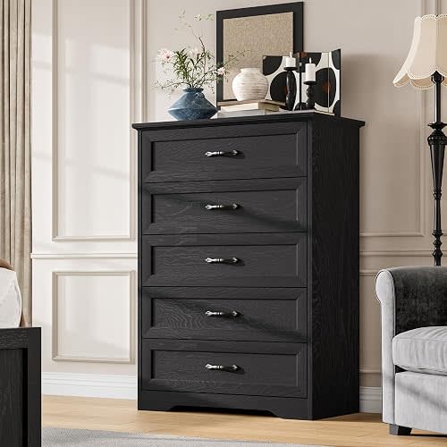 Garvee Farmhouse Wood 43.9" Tall 5 Drawer Dresser for Bedroom, Black