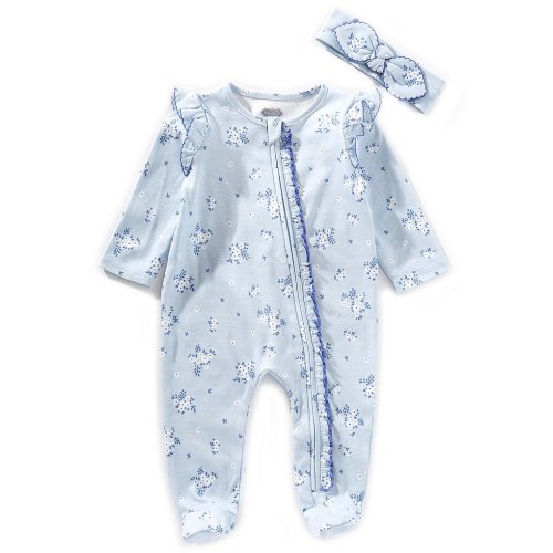 Mud Pie Baby Girls Long-Sleeve Ditsy-Floral-Print Footed Coverall