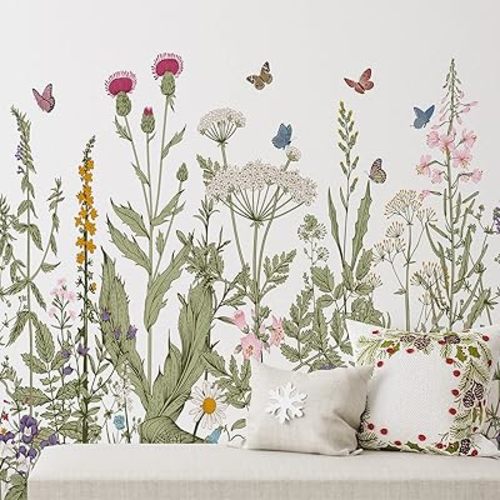 Zonon 6 Pieces Flowers Wall Decals Vinyl Dragonflies Flowers Wall Stickers Removable Floral Wall Murals Peel and Stick Colorful Flower Wall Decor for Bedroom Living Room Nursery(Flowers)