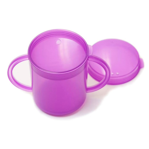 TalkTools Lid Cup with Handles - Spill Proof Therapy Cups for Improved Lip Closure and Tongue Retraction | Alternative to Sippy Glass | Ideal for Elderly Care with 2 Interchangeable Lids - Purple