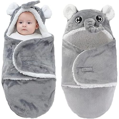 Winmany Baby Hooded Fleece Swaddle Blanket Newborn Fannel Cartoon Receiving Blanket Soft Plush Sleeping Bag Sack Stroller Wrap for Infants Girl Boy 0-6Months (Grey Elephant, 3-6Months)