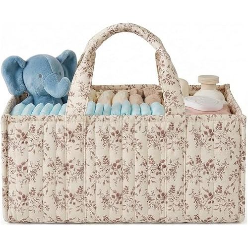 Quilted Fabric Storage Basket Floral Baby Diaper Caddy Quilted Basket for Nursery Bedroom Car Storage