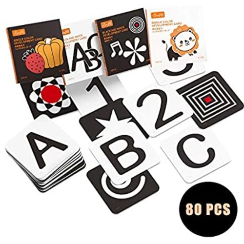Upgraded 2020 TUMAMA Baby Black White Flash Cards, High Contrast Visual Stimulation Learning Flashcards, Learning Alphabet Shapes Color Cards for Toddlers, Baby Toys Gift for 0 3 6 9 12 Months(80 Pcs) - 0-12 months
