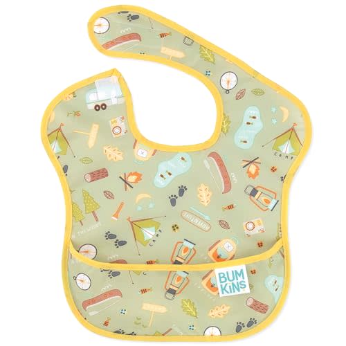 Bumkins Bibs for Girl or Boy, SuperBib Baby and Toddler 6-24 Mos, Essential Must Have for Eating, Feeding, Baby Led Weaning Supplies, Mess Saving Catch Food, Waterproof Soft Fabric, Camp Gear Green