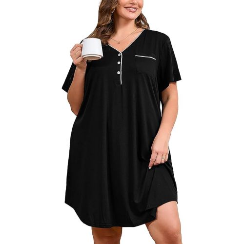 AusLook Plus Size Nightgown for Women Midi Sleep Dress Short Sleeve V Neck Loose Lounge House Soft Casual Night Dress 1X-5X
