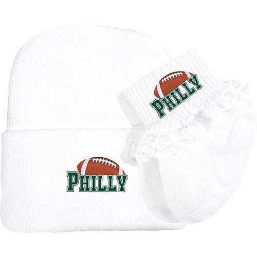 Newborn Baby Knit Cap and Socks with Lace Set for Philadelphia Football Fans White