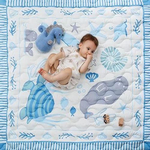 Momcozy Baby Play Mat for Floor, 50x50 Thickened Playpen Mat, Playmate for Baby Tummy Time, Waterproof & Non-Slip, Foldable Outdoor Mat with Carrying Handle, Ocean Theam