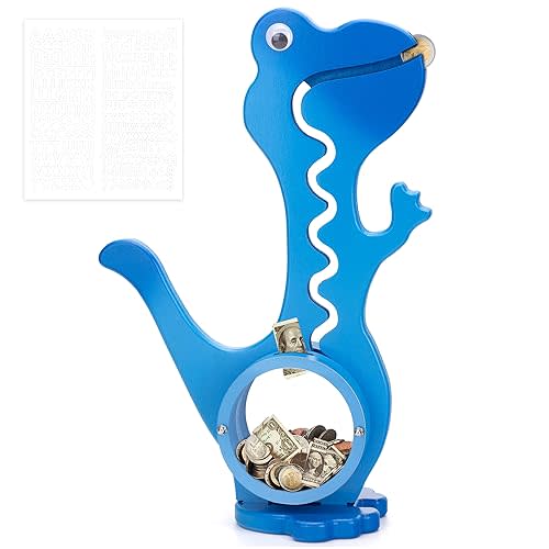 AORCMITN Wooden Dinosaur Piggy Bank Boalord for Boys Kids Girls Clear Big Belly Animal Coin Bank for Toddler Real Money ToyDino-Blue
