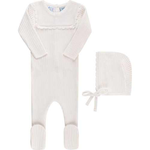 Baby Ruffled Yoke Rib Footie & Bonnet Set, 0-3M, Ivory
