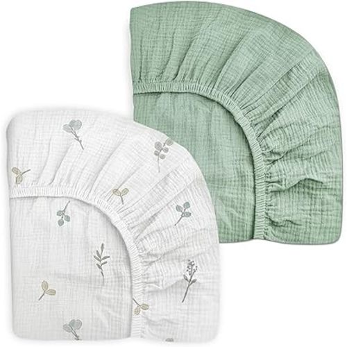 Mini Crib Sheets for Baby Boy Girl 2 Pack, Neutral Mini Crib Mattress Sheet 24" x 38", Muslin Nursery Bedding Soft and Breathable Comfort(Fresh Greenery & Sage)