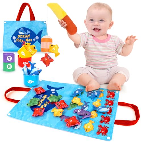 Toddler Toy Montessori Toys for 1 Year Old Boy Girl Birthday Gifts, Cloth Fishing Game for Toddlers 1-3 with Stacking Cups-Number Counting, Color Sorting, Shape Learning, Sensory Baby Gifts 6-12 Mths