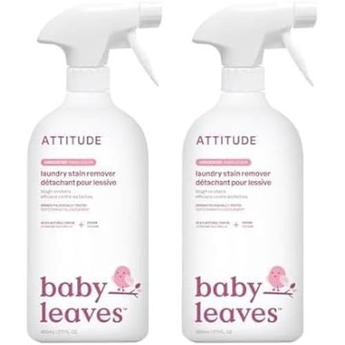 ATTITUDE Laundry Stain Remover for Baby Clothes, Plant and Mineral-Based Ingredients, Vegan and Cruelty-free Household Products, Hypoallergenic, Unscented, 27 Fl Oz (Pack of 2)