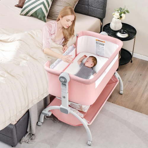 OLAKIDS 3 in 1 Baby Bassinet, Adjustable Bedside Sleeper Crib with Mattress, Portable Cradle (Pink)