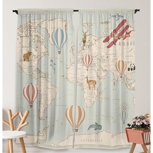 World Map Window Curtains Hot Air Balloon Cruise Grand Tour Curtain Drape for Bathroom and Bedroom Living Room Windows Decor Durable Fabric 84 in X 84 in