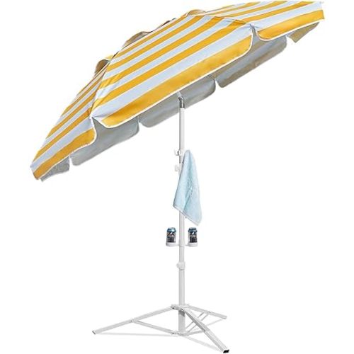 AMMSUN Shade Umbrella, Premium Portable Umbrella with Stand, 6.5ft Lightweight Free Standing Canopy for Sporting Games, Adjustable Instant Sun Protection and Easy to Carry, Stripe Yellow