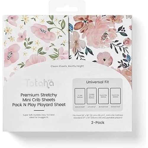Graco Pack and Play Sheets Fitted, TotAha Buttery Soft Mini Crib Sheets Girl, Floral Pack N Play Mattress Sheets Hypoallergenic, Premium Jersey Playrad Sheets, Meredith Allover & Pale Pink, 2 Pack