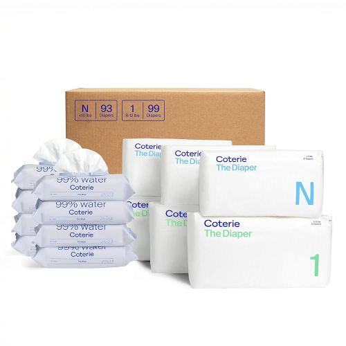 Coterie Baby Wipes + Diapers Kit, Size 1 (99 Count) & Size Newborn Diapers (93 Count), 8 Pack (448) Baby Wipes with 99% Water, Plant Based Materials, Hypoallergenic for Sensitive Skin