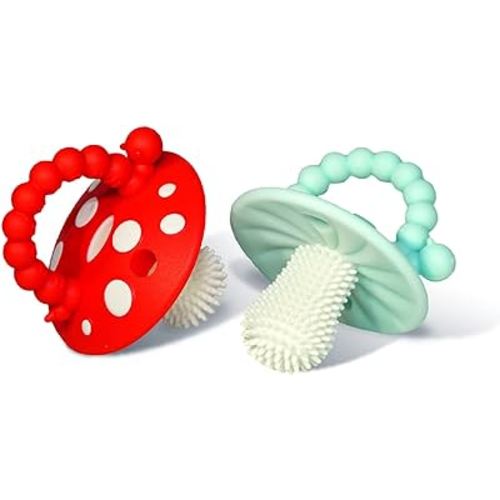 RaZbaby Chompy Teether for Infant & Baby 3M+ Teether Toy with Massaging Bristles for Teething Relief Pacifier - Soothes Sore Gums - Hands-Free & Easy-to-Hold Teether, BPA Free - RED/Blue