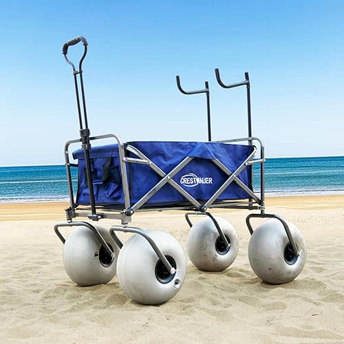 Beach Cart with 13" Balloon Wheels, Collapsible Beach Wagon with Big Wheels for Sand, Pump Included (Beach Wagon with Chair Racks)