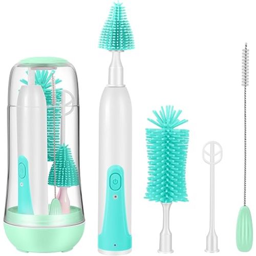 Electric Baby Bottle Brush Cleaner Set,8 in 1 Automatic Baby Bottle Cleaning Kit,Silicone Bottle Brush,Light Green
