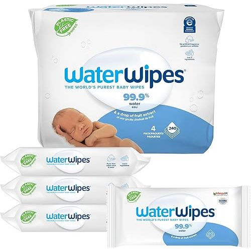 WaterWipes Original Baby Wipes, 99.9% Water-Based Wipes, Unscented & Hypoallergenic for Sensitive Skin, 240 Count (4 Packs), Packaging May Vary