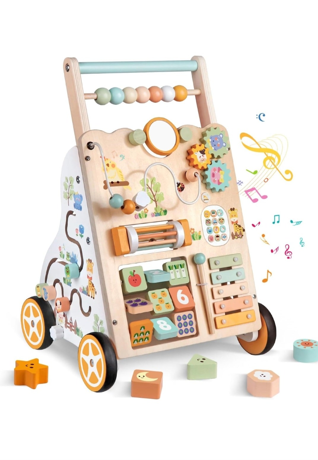 Wooden Baby Walker with Wheels, Push Walker with Baby Activity Center, Montessori Walking Toy for Girls Boys, Adjustable Speed & Height Activity Toy for Toddler Learning to Walk 12+ Months (Natural)