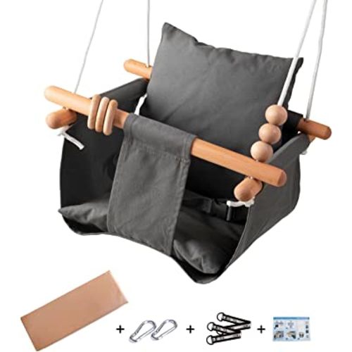 Baby Swing Seat, Secure Canvas and Wooden Hanging Swing Chair for Baby, Infant, Toddler, Kids Toys - Indoor and Temporary Outdoor Hammock for Indoor Playground, Tree Swings or Backyard, Grey