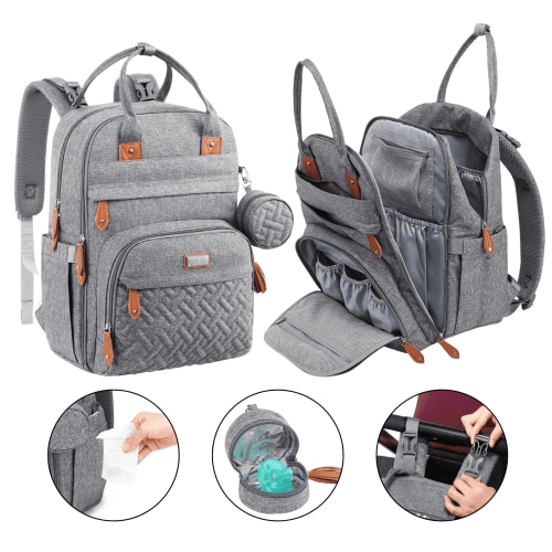 BabbleRoo Diaper Bag Backpack, Waterproof Travel Bag with Changing Pad, Original Baby Bag, Light Gray