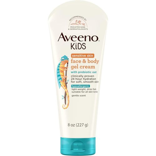 Aveeno Sensitive Skin Face & Body Gel Cream for Kids with Prebiotic Oat, Clinically Proven 24 Hour Hydration for Soft Skin, Quick Drying and Lightweight, Hypoallergenic, 8 oz