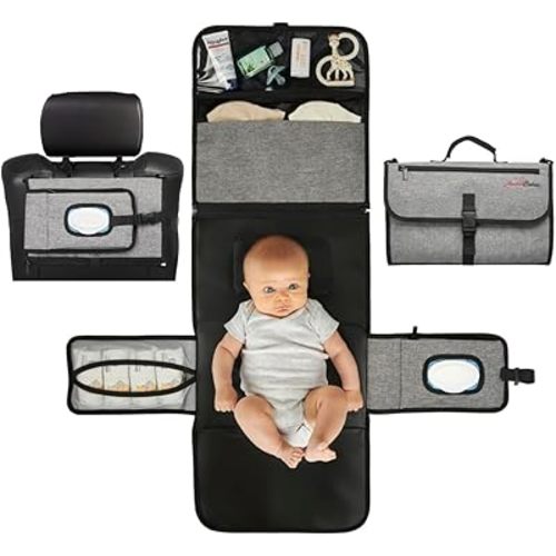 Portable Diaper Changing Pad, Baby Diaper Bag & Changing Mat - Large Waterproof Changing Pad with Pillow - Pouches for Wipes & Diapers - Baby Travel Bag - Baby Shower Gifts by Amore Babies