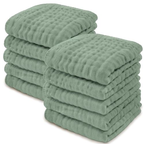 Comfy Cubs Muslin Baby Washcloths 10 Pack - Soft 6-Layer Cotton Wash Cloths for Sensitive Skin - 10"x10" Large, Gentle, Absorbent Infant Essentials for Newborn and Toddlers - Fern