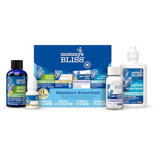 Mommy's Bliss 4-Piece Newborn and Baby Essentials Kit - With Gripe Water, Gas Relief Drops, Vitamin D 400IU, and Saline Drops/Spray - The Perfect Baby Gift.