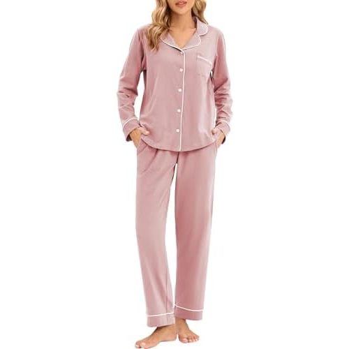 LUBOT 100% Cotton Pajamas for Women PJ Set Soft Button-Down 2 Piece Set Knitted Long Sleeve Sleepwear Loungewear XS-XXL
