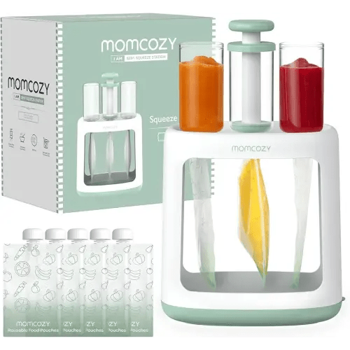 Momcozy Baby Food Maker for Puree Food Storage, Precise Capacity Squeeze Station, Save Time & Efficient, No Food Splashing, Baby Essentials, with 5pcs Reusable Portable Food Storage Bags for Outdoor