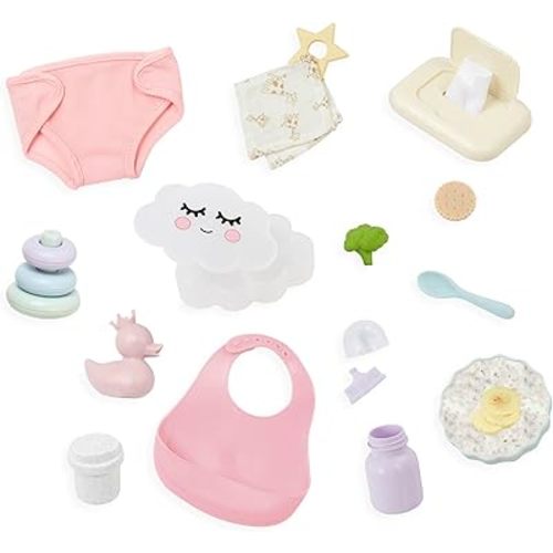 LullaBaby – Meal Time & Changing Set – 14-inch Baby Doll Accessories – Diaper, Bib & Pretend Food – Imaginative Play – Toys For Kids Ages 2 & Up – Baby Doll Care & Feeding Set