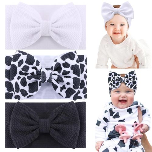 Cow Baby Bows, 3pcs Western Cowgirl Elastic Nylon Headbands for Baby Girls, Soft Handmade Print Newborn Hairbands Hair Accessories for Preemie Infant Toddlers Birthday Party