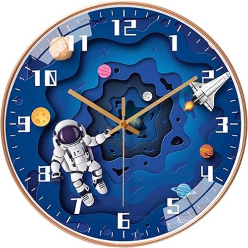 12 Inch Silent Movement Kids Wall Clock, Non Ticking Children Round Wall Clock Battery Operated Space Travel Style Decor Children Clock for School Boys Bedroom Living Room Space Decor (Blue)
