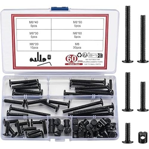 60 Pcs Crib Hardware Screws, Baby Bed Crib Screws Replacement Set, Hex Socket Head Cap Bolts and Barrel Nuts for Chair Cabinets Cots Furniture Hardware, M6x(20/30/40/50/60mm)