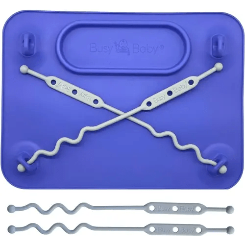 BUSY BABY Silicone Mat - Suction Cups, 4 Straps to Secure Baby Essentials, Self Feeding, Baby Led Weaning, Travel Sleeve Included (Violet)