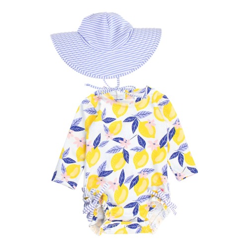 Lemons One-Piece Rashguard Swimsuit & Hat Set, 6-12M