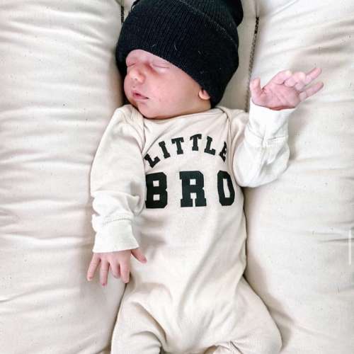 LITTLE BRO - Varsity - One Piece Baby SLEEPER | Infant Bodysuit | Baby Bodysuit | Baby Graphic Tee | Infant Romper | Baby Sleeper | Siblings