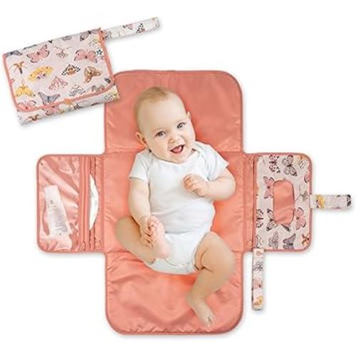 Tiny Twinkle Portable Diaper Changing Pad – Foldable, Waterproof & Compact Travel Changing Mat with Storage | Smart Wipes Pocket for On-The-Go Parents(Flutter)